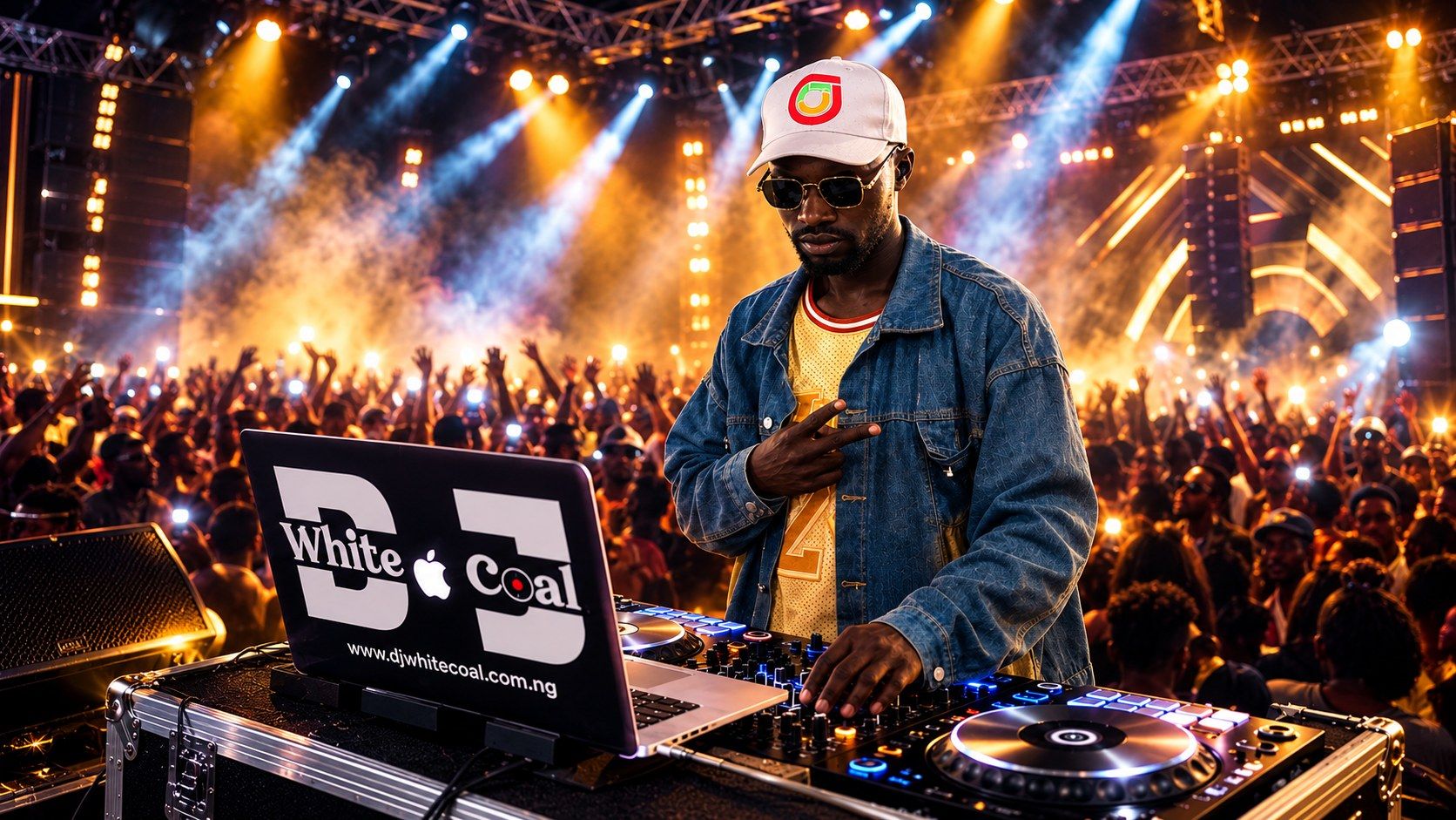 DJ WhiteCoal performing live behind the decks in front of a cheering crowd